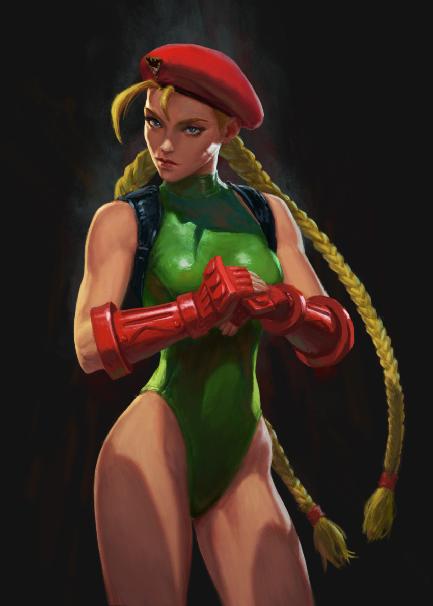 1girl antenna_hair aura backpack bag beret black_background blue_eyes bracer braid breasts cammy_white cowboy_shot cracking_knuckles english_commentary fingerless_gloves gloves green_leotard hat highleg highleg_leotard highres leotard lips long_hair looking_at_viewer medium_breasts nikita_volobuev nose realistic red_gloves revision solo street_fighter street_fighter_v toned twin_braids very_long_hair