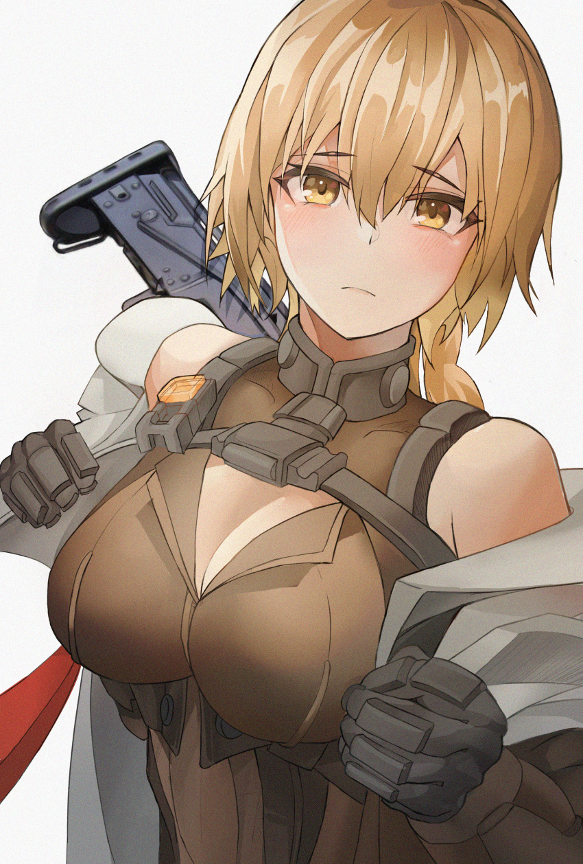 1girl absurdres assault_rifle black_gloves blonde_hair blush breasts brown_shirt cleavage closed_mouth eyebrows_visible_through_hair girls'_frontline girls'_frontline_2:_exilium gloves gun hair_ornament highres long_hair looking_at_viewer medium_breasts ots-14 ots-14_(girls'_frontline) rifle rifle_on_back shirt solo umber00 upper_body weapon yellow_eyes