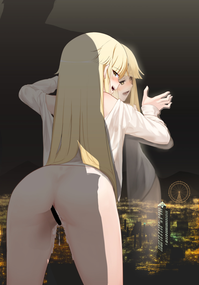 1boy 1girl :d absurdres against_glass against_window ass bang_dream! bangs bar_censor bare_legs bent_over blonde_hair blush bottomless censored city_lights cityscape cum cum_in_pussy from_behind half-closed_eyes hand_on_another's_waist hetero highres indoors irochan leaning_forward long_hair long_sleeves looking_at_another looking_back naked_shirt night night_sky off_shoulder open_mouth overflow penis reflection sex sex_from_behind shirt sidelocks silhouette sky smile standing standing_sex torso_grab transparent tsurumaki_kokoro vaginal white_shirt window