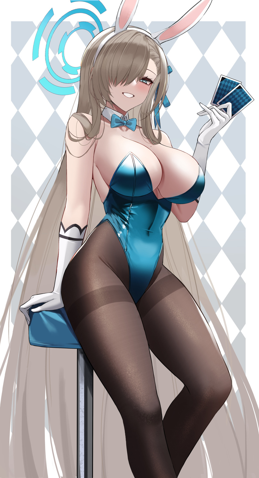 1girl absurdres animal_ears asuna_(blue_archive) bangs blue_archive blue_bow blue_bowtie blue_eyes blue_leotard blue_ribbon blush bow bowtie breasts brown_legwear card commentary covered_navel detached_collar eternity_(shadeh) fake_animal_ears feet_out_of_frame gloves grin hair_over_one_eye hair_ribbon hairband halo hand_up highres holding holding_card large_breasts leotard light_brown_hair long_hair looking_at_viewer mole mole_on_breast one_eye_covered pantyhose rabbit_ears ribbon sitting smile solo stool strapless strapless_leotard very_long_hair white_gloves white_hairband