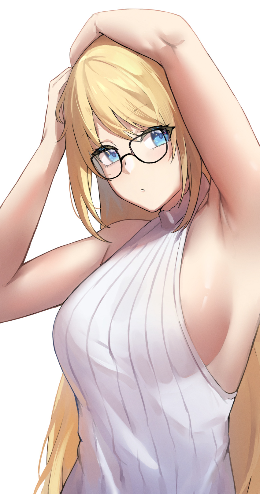 1girl absurdres alternate_costume alternate_hairstyle arm_above_head arm_over_head armpits bangs bare_shoulders blonde_hair blue_eyes blush breasts commentary dobure18 dress eyebrows_visible_through_hair glasses highres long_hair looking_at_viewer medium_breasts meme_attire nijisanji nijisanji_id ribbed_sweater sideboob simple_background sleeveless sleeveless_sweater solo sweater sweater_dress swept_bangs turtleneck turtleneck_sweater upper_body very_long_hair virgin_killer_sweater virtual_youtuber white_background white_sweater zea_cornelia