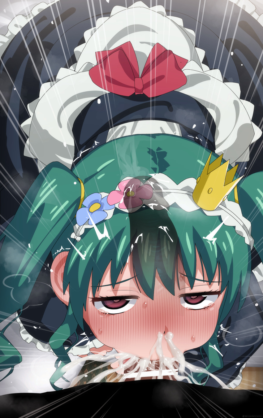 1boy 1girl absurdres all_fours back_bow bar_censor black_dress blush bow censored cheek_bulge crown cum cum_in_mouth cum_in_nose deepthroat dress emphasis_lines fellatio green_hair heart heart-shaped_pupils hetero highres kuroi_ginko long_sleeves maid maid_headdress mini_crown mizumizuni oral penis planet_with pov pov_crotch red_bow red_eyes rolling_eyes solo_focus symbol-shaped_pupils twintails x-ray