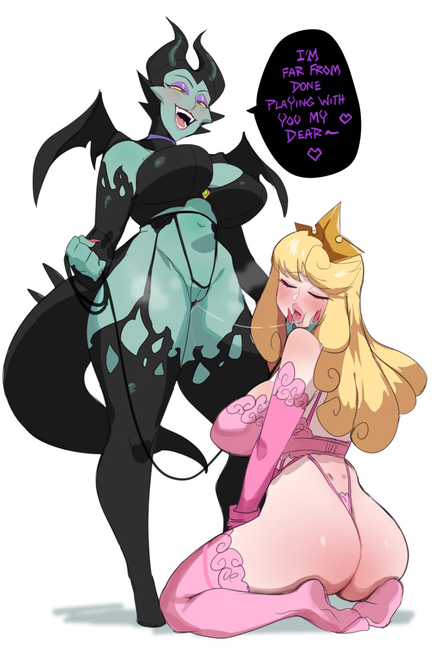 2girls after_cunnilingus ass aurora_(disney) black_footwear black_garter_belt black_garter_straps black_gloves black_horns blonde_hair blush boots breasts choker closed_eyes colored_sclera colored_skin crotchless crotchless_panties crown curvy dragon_girl dragon_horns dragon_tail dragon_wings elbow_gloves english_commentary english_text eyeshadow femdom fingernails full_body g-string gloves green_skin hand_on_another's_chin highres holding holding_leash horns kneeling large_breasts leash lightsource lingerie lips long_hair makeup maleficent mini_wings monster_girl multiple_girls panties pink_gloves pink_legwear pink_panties princess puckered_lips purple_choker pussy pussy_juice pussy_juice_trail red_nails sharp_fingernails short_hair sleeping_beauty string_panties tail thick_thighs thigh_boots thighhighs thighs thong uncensored underwear underwear_only wings yellow_sclera yuri
