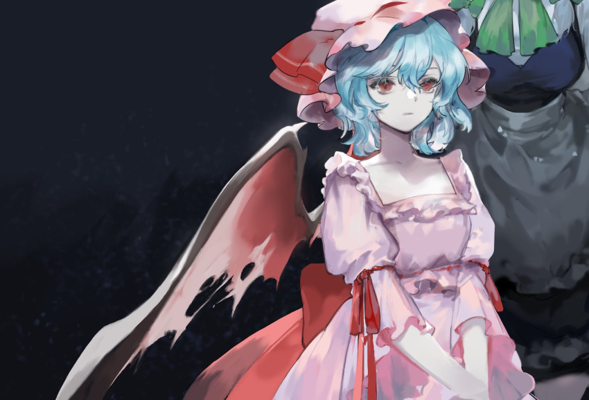 2girls apron back_bow bangs bat_wings black_background blue_hair blue_vest bow green_bow hat hat_ribbon highres izayoi_sakuya medium_hair mob_cap multiple_girls newbokk pink_headwear pink_shirt pink_skirt red_bow red_eyes red_ribbon remilia_scarlet ribbon shirt short_sleeves skirt solo_focus touhou upper_body vest wings