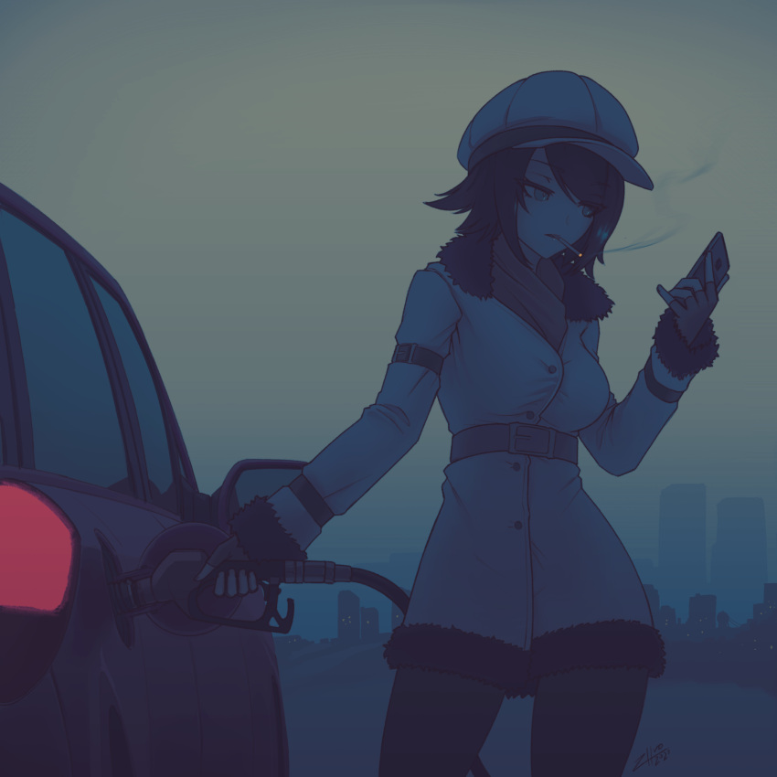 1girl aqua_eyes belt black_hair black_legwear borrowed_character breasts brown_coat brown_headwear building buttons car cellphone cigarette coat commission cowboy_shot dated fingerless_gloves fur_trim gas_station gloves grey_sky ground_vehicle hat highres holding long_sleeves medium_breasts motor_vehicle original outdoors pantyhose phone signature skyscraper smoking solo standing zhvo