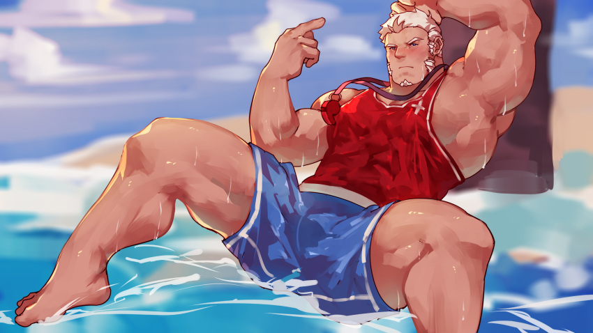 1boy absurdres arm_behind_head arm_up bara beach beckoning blue_male_swimwear blush bulge come_hither facial_hair foot_out_of_frame goatee guoguo highres index_finger_raised large_pectorals lifeguard long_sideburns looking_at_viewer male_focus male_swimwear mature_male muscular muscular_male original pectorals presenting print_shirt reaching_out red_tank_top shirt short_hair sideburns sidepec solo spread_legs stomach swim_trunks tank_top thick_thighs thighs water wet wet_clothes whistle whistle_around_neck white_hair