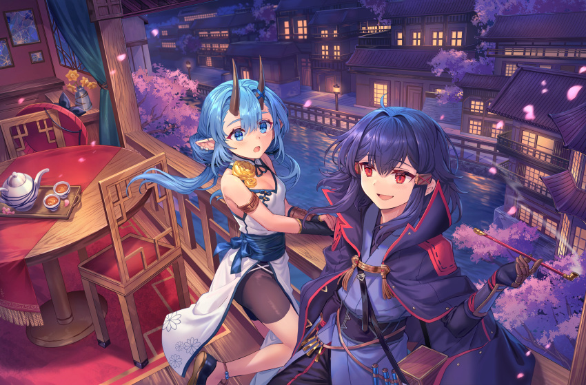 2girls :d :o absurdres against_railing ahoge architecture bike_shorts blue_hair blue_sash blush breasts cape chair character_request cherry_blossoms cleavage cup earrings east_asian_architecture gloves hair_tubes highres holding holding_pipe horns indoors japanese_clothes jewelry kimono kiseru kohari_(shichigatsu) lamppost long_hair multiple_girls obi oni original petals pipe plant pointy_ears potted_plant purple_cape purple_hair purple_kimono railing red_eyes river round_table sandals sash shichigatsu sleeveless sleeveless_kimono small_breasts smile table teacup teapot tray tree white_kimono window