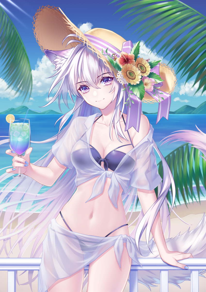 1girl absurdres animal_ears bangs bikini blue_nails blue_sky breasts cleavage cloud collarbone commentary_request cowboy_shot cup day eyebrows_visible_through_hair floating_hair flower hair_between_eyes halterneck hat hat_flower hat_ribbon hibiscus highres holding holding_cup island kirby_d_a long_hair looking_at_viewer medium_breasts nail_polish navel ocean original outdoors parted_lips purple_bikini purple_eyes purple_ribbon red_flower revision ribbon sarong shiny shiny_hair silver_hair sky solo standing straw_hat striped striped_ribbon sun_hat swimsuit tail very_long_hair wolf_ears wolf_tail yellow_flower yellow_headwear