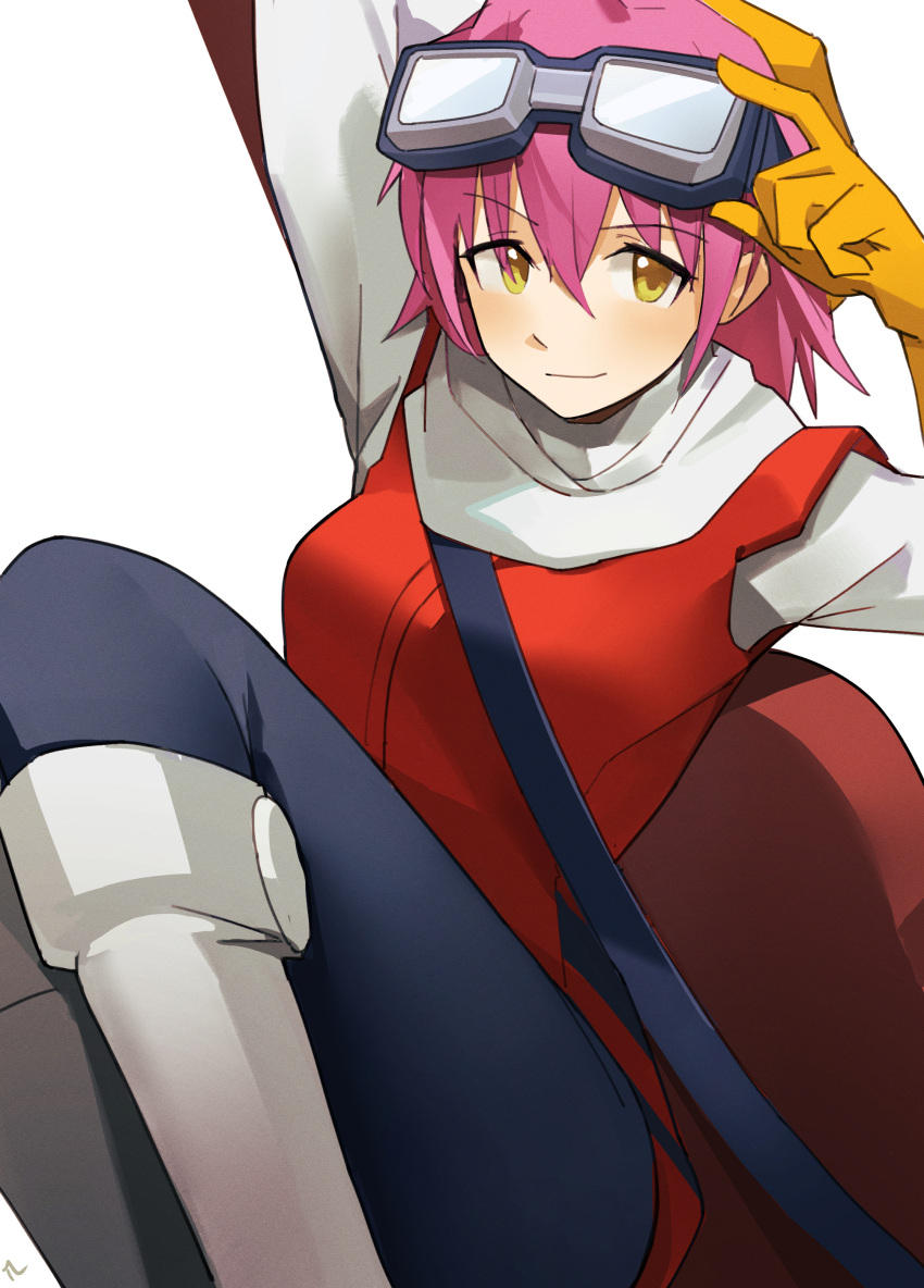 1girl absurdres adjusting_eyewear eyebrows_visible_through_hair flcl gloves goggles goggles_on_head haruhara_haruko highres looking_at_viewer pink_hair simple_background smile solo t-lex white_background yellow_eyes yellow_gloves