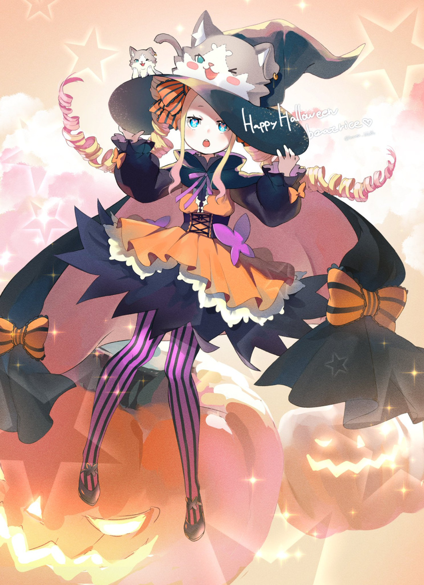 :o beatrice_(re:zero) blonde_hair cape dress drill_hair frilled_dress frills halloween hand_on_headwear happy_halloween highres hiwa_kouta jack-o'-lantern puck_(re:zero) pumpkin re:zero_kara_hajimeru_isekai_seikatsu ribbon twin_drills