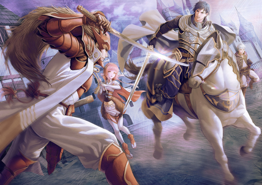 1girl 3boys animal armor barding blue_hair book boots breastplate brown_hair cape castle chrom_(fire_emblem) commentary_request falchion_(fire_emblem) faulds fighting fire_emblem fire_emblem_awakening fire_emblem_fates fire_emblem_heroes highres holding holding_book holding_staff holding_sword holding_weapon horse japanese_armor katana long_hair multiple_boys obi pauldrons pink_hair riding robe robin_(fire_emblem) robin_(fire_emblem)_(male) ryoma_(fire_emblem) sakura_(fire_emblem) sandals saolin_(wudangx) sash scabbard sheath short_hair shoulder_armor staff sword thighhighs vambraces weapon white_hair white_legwear