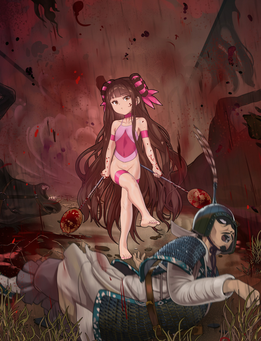 1boy 1girl absurdres animal armor bangs bare_shoulders barefoot blood blood_on_face blunt_bangs bottomless brown_eyes brown_hair chinese_clothes choker double_bun dual_wielding dudou earrings eyebrows_visible_through_hair facial_hair feet flat_chest helmet highres holding holding_weapon horse jewelry long_hair md5_mismatch mustache nail_polish navel original pink_nails pubic_tattoo see-through tattoo thigh_strap toenail_polish toenails very_long_hair weapon yewang19