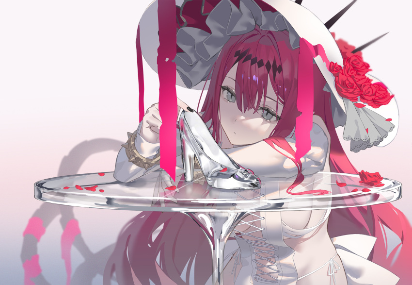 1girl bangs bare_shoulders bracelet breasts cross-laced_clothes detached_sleeves dress fairy_knight_tristan_(fate) fate/grand_order fate_(series) flower glass_slipper grey_eyes hairband highres jewelry large_breasts large_hat long_hair looking_at_viewer panties pink_hair pointy_ears revealing_clothes rose seon_(seonon_) short_dress sidelocks sitting table thighs underwear white_dress white_headwear white_panties