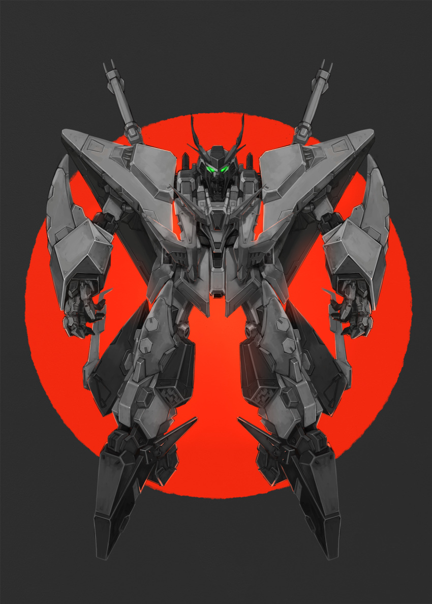 commentary_request full_body glowing glowing_eyes green_eyes grey_background greyscale gundam gundam_hathaway's_flash highres looking_at_viewer madarame mecha mobile_suit monochrome no_humans red_background science_fiction solo spot_color two-tone_background v-fin xi_gundam