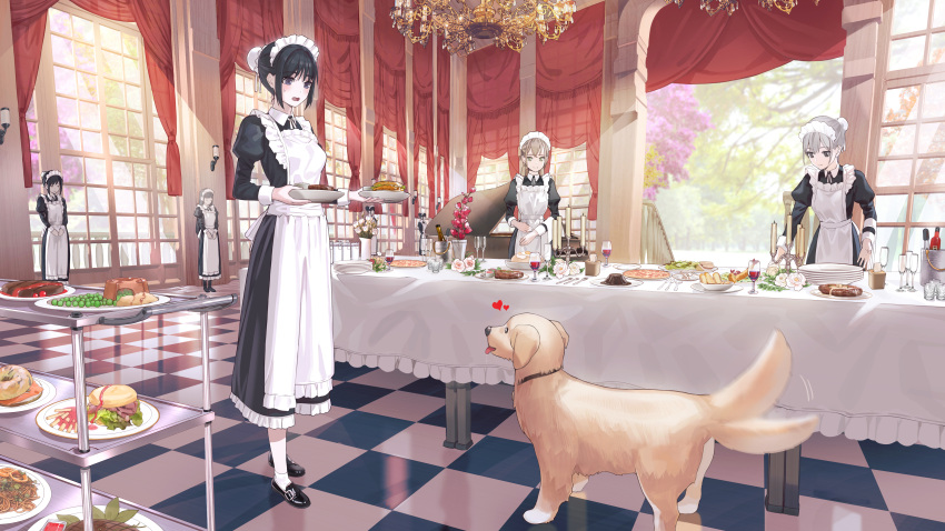 6+girls absurdres apron black_hair breasts candle checkered checkered_floor closed_eyes commentary day dog english_commentary eyebrows_visible_through_hair flower food full_body green_eyes grey_eyes grey_hair hair_bun heart highres holding instrument kfr long_sleeves looking_at_animal maid maid_apron maid_headdress medium_breasts multiple_girls open_mouth original piano pizza plate shoes smile standing table tail tail_wagging tongue tree twintails window