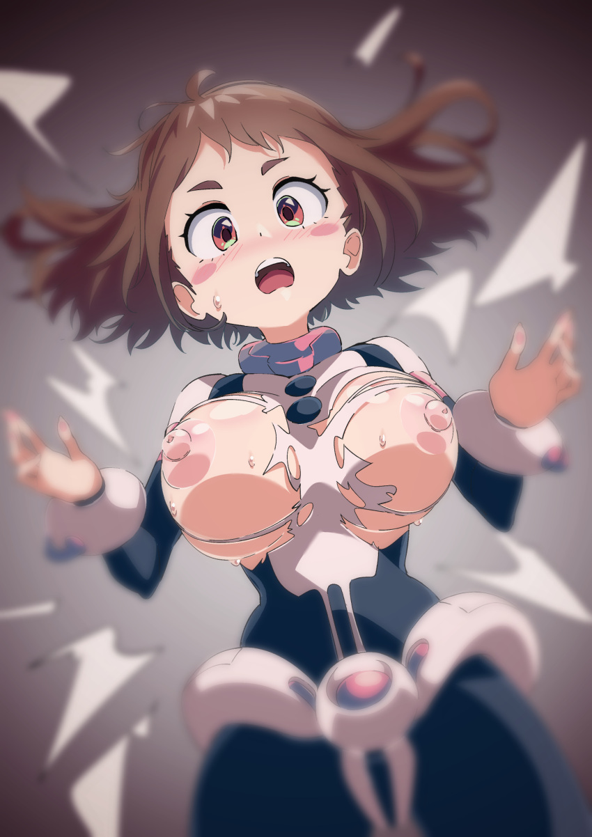 1girl blue_bodysuit blurry blurry_foreground blush blush_stickers bodysuit boku_no_hero_academia breasts brown_eyes brown_hair exploding_clothes hands_up highres large_breasts multicolored_bodysuit multicolored_clothes nipples open_mouth pink_bodysuit sajimari short_hair solo standing superhero surprised tearing_clothes torn torn_bodysuit torn_clothes uraraka_ochako wardrobe_malfunction