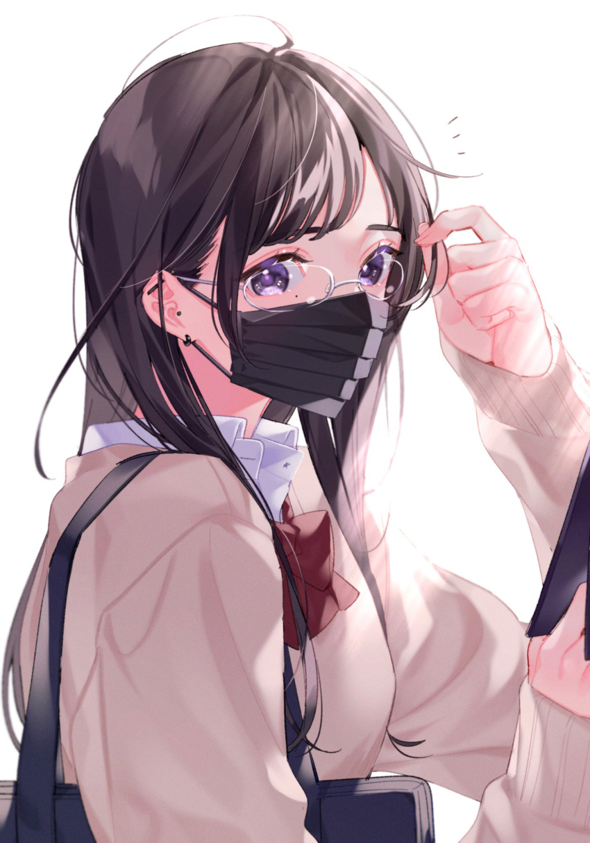1girl arm_up bag black_bag black_hair black_mask bow bowtie brown_sweater collared_shirt earrings glasses hanasato_(okashino) highres holding holding_hair jewelry long_hair long_sleeves looking_at_viewer mask mole mole_under_eye mouth_mask original purple_eyes red_bow red_bowtie school_bag school_uniform semi-rimless_eyewear shirt shoulder_bag simple_background sleeves_past_wrists sweater upper_body white_background white_shirt