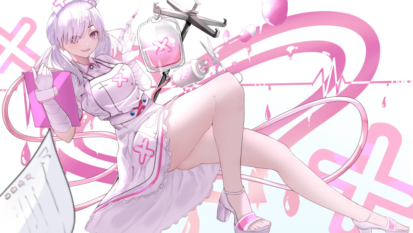 1girl absurdres ass bare_legs breasts clipboard dress hat high_heels highres holding holding_clipboard holding_syringe intravenous_drip medium_breasts medium_hair nijisanji nurse nurse_cap open_mouth pencamp pill pill_bottle pink_footwear purple_eyes silver_hair smile solo sukoya_kana syringe toes twintails virtual_youtuber white_dress