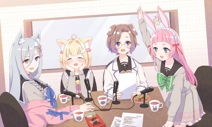 4girls :d ^_^ absurdres ahoge animal_ear_fluff animal_ears arm_up bangs bell black-framed_eyewear black_sailor_collar blue_bow blush bow brand_name_imitation brooch brown_hair cardigan chocolate_chip_cookie closed_eyes commentary_request cookie cup dog_ears eyebrows_visible_through_hair fang food frilled_bow frills glasses green_bow green_eyes grey_hair grey_shirt grey_skirt gucchiann hair_bobbles hair_bow hair_intakes hair_ornament heart_ahoge highres indie_virtual_youtuber jacket jewelry jingle_bell kemomimi_refle! komae_nadeshiko long_hair maid_headdress microphone multicolored_hair multiple_girls nekoma_karin off_shoulder on_chair open_cardigan open_clothes parted_bangs pink_bow pink_cardigan pink_hair plate pleated_skirt pocky purple_eyes rabbit_ears ronomiya_hinagiku sailor_collar sakura_uno shirt short_eyebrows sitting skirt smile streaked_hair thick_eyebrows two_side_up very_long_hair virtual_youtuber white_jacket