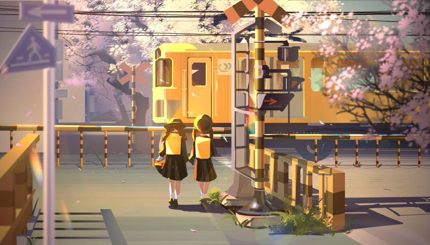 2girls black_footwear black_hair black_headwear black_skirt braid bus cherry_blossoms english_commentary ground_vehicle hat highres holding_hands lens_flare long_hair long_sleeves motor_vehicle multiple_girls original outdoors petals pleated_skirt power_lines railroad_crossing road scenery school_uniform serafuku shoes sign skirt socks train tree twin_braids twintails uniform walking white_legwear zm-panda-