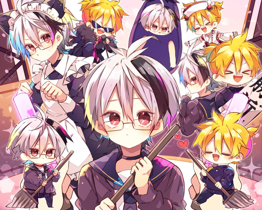 &gt;_&lt; 1boy 1girl animal_ears apron bespectacled blonde_hair broom chibi coat collared_shirt commentary detached_sleeves dress eggplant eggplant_costume flower_(vocaloid) frilled_apron frills fur-trimmed_coat fur_trim glasses heart highres holding holding_broom japanese_clothes kagamine_len kaho_0102 looking_at_viewer maid maid_headdress multicolored_hair multiple_views neckerchief open_mouth puffy_sleeves purple_dress purple_eyes purple_hair purple_neckerchief purple_shirt sailor_collar school_uniform serafuku shirt short_hair smile spiked_hair streaked_hair two-tone_hair v_flower_(vocaloid4) vocaloid white_hair white_shirt white_sleeves