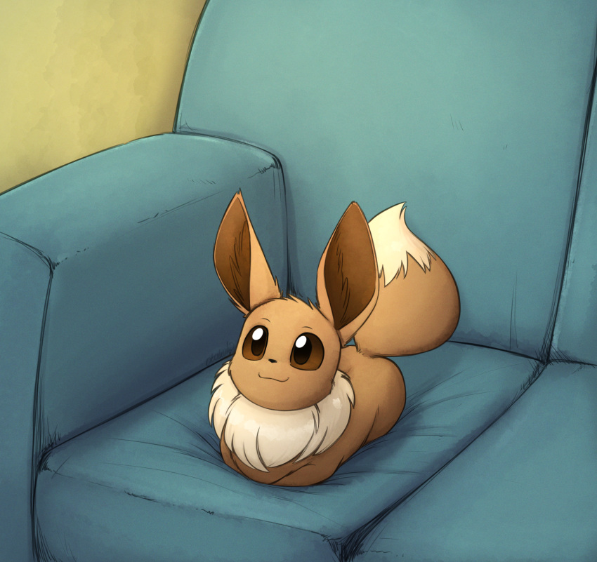 :3 brown_eyes cat_loaf couch eevee fluffy highres lying mane no_humans on_couch otakuap pokemon pokemon_(creature) smile solo tail