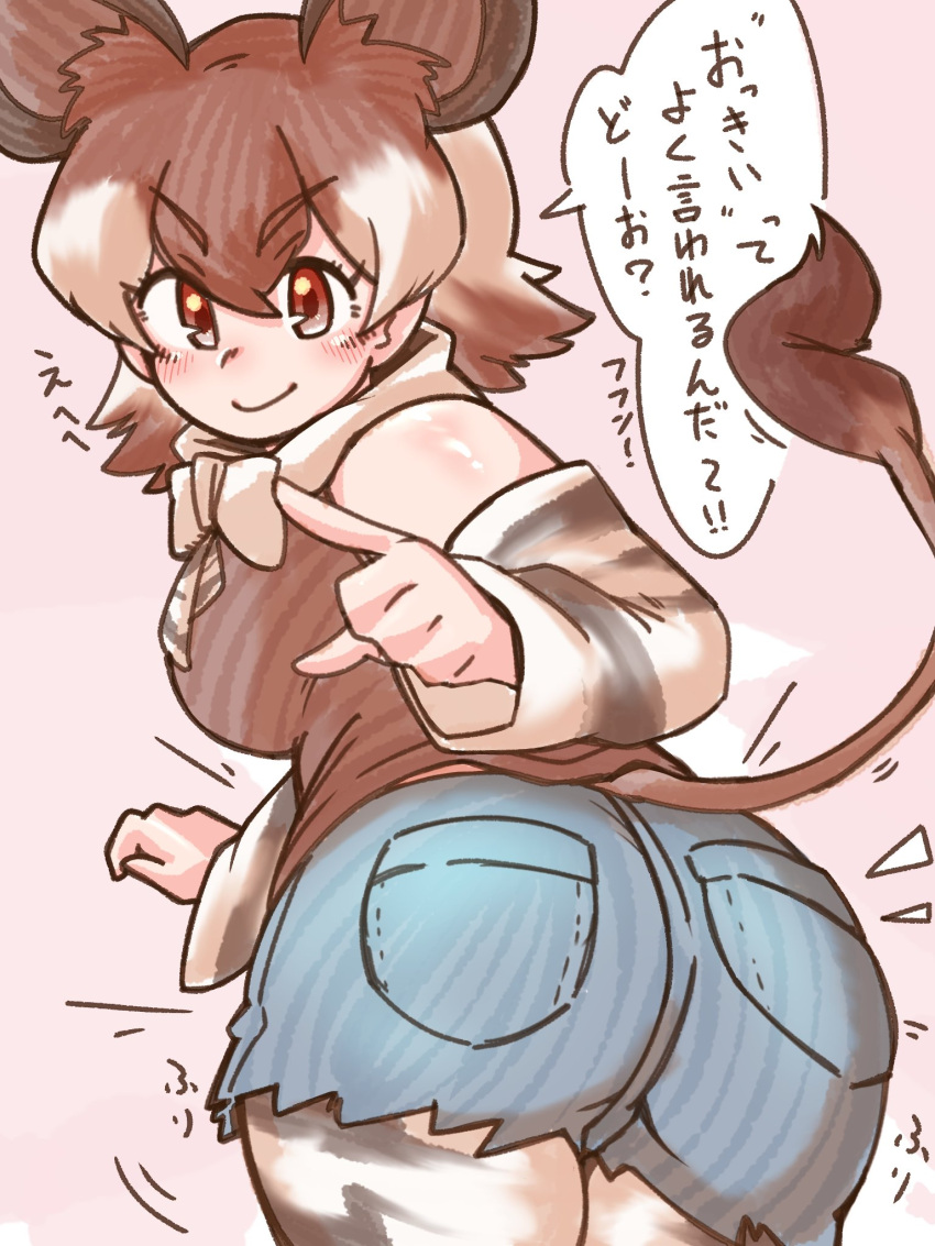 &gt;:) 1girl animal_ears ass bangs bare_shoulders bow bowtie brown_eyes brown_hair closed_mouth commentary_request cowboy_shot cutoffs denim denim_shorts detached_sleeves extra_ears eyebrows_visible_through_hair from_behind giraffe_print grey_hair hair_between_eyes highres index_finger_raised kemono_friends leaning_forward legwear_under_shorts looking_at_viewer looking_back medium_hair multicolored_hair niboshi_(niboshi_aruku) okapi_(kemono_friends) okapi_ears okapi_tail pantyhose pink_background print_sleeves shirt short_shorts shorts simple_background sleeveless sleeveless_shirt smile solo tail translated twisted_torso two-tone_hair v-shaped_eyebrows