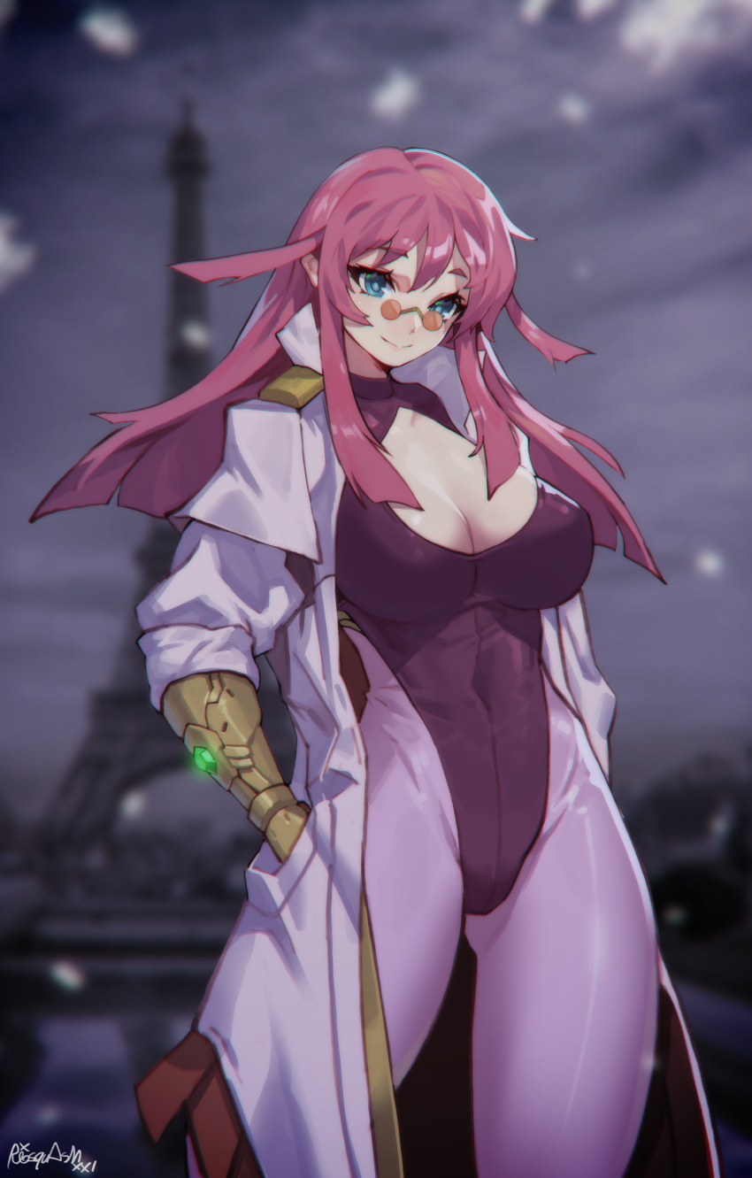 1girl absurdres ass_visible_through_thighs blue_eyes bodystocking breasts cleavage cleavage_cutout clothing_cutout hair_behind_ear hands_in_pockets highres jacket leotard long_hair looking_at_viewer looking_over_eyewear mar10 medium_breasts pink_hair pink_jacket purple_leotard renais_cardiff_shishiou round_eyewear smile solo sunglasses tinted_eyewear yuusha_ou_gaogaigar yuusha_ou_gaogaigar_final yuusha_series