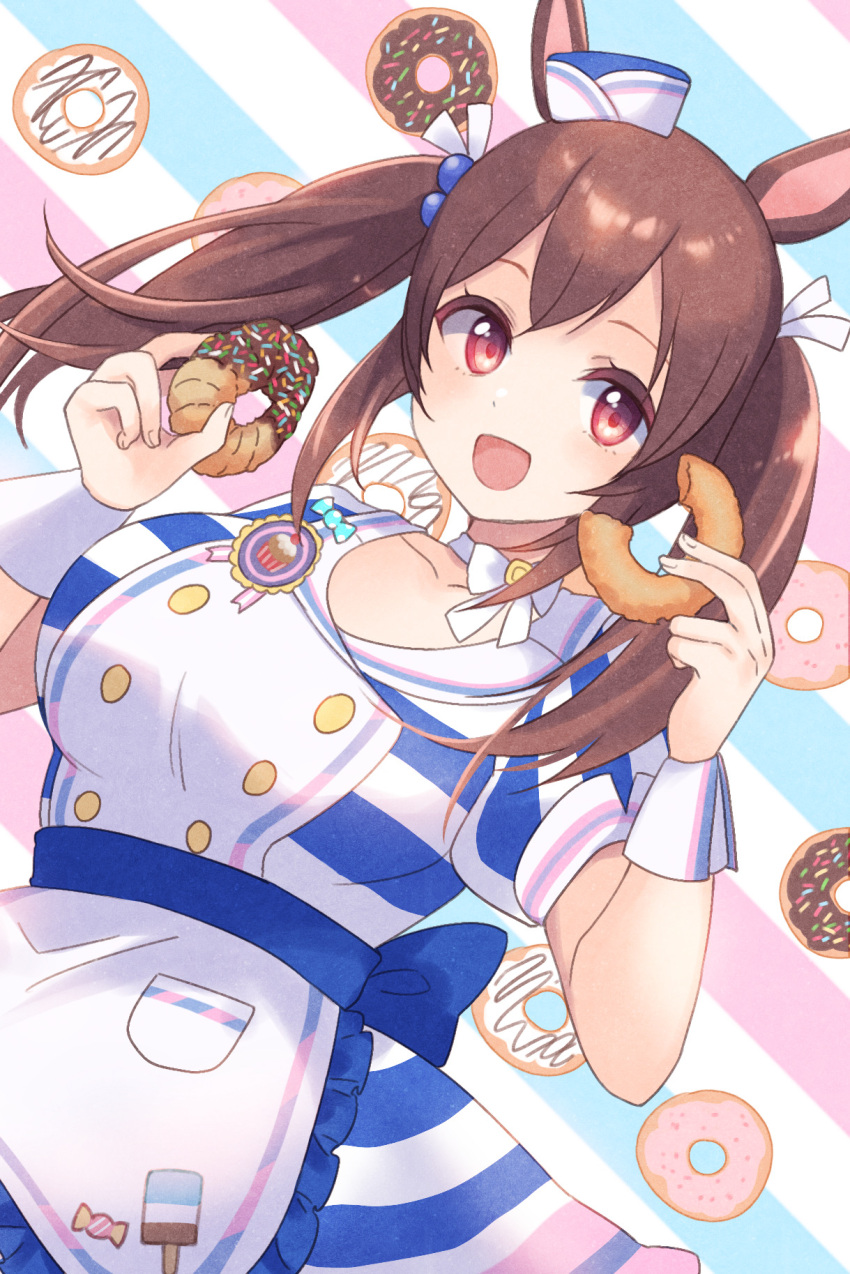 1girl :d animal_ears bangs blue_headwear blush bow breasts brown_hair choker collarbone commentary_request diagonal_stripes doughnut dress food food-themed_background gucchiann hair_ribbon hands_up hat highres hishi_akebono_(umamusume) holding holding_food horse_ears long_hair looking_at_viewer medium_breasts mini_hat puffy_short_sleeves puffy_sleeves red_eyes ribbon short_sleeves sidelocks smile solo striped striped_background striped_dress tilted_headwear twintails umamusume white_bow white_choker white_ribbon wrist_cuffs