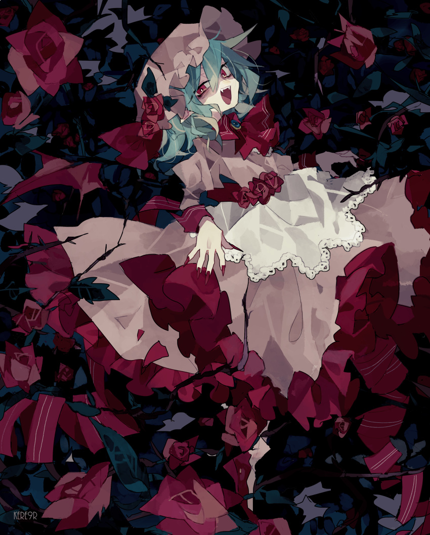 1girl :d absurdres apron artist_name ascot bad_id bad_tumblr_id bags_under_eyes blue_hair bright_pupils brooch dark dress eyes_visible_through_hair fangs fingernails flower foliage frilled_dress frills from_side full_body hair_between_eyes half-closed_eye hands_up hat hat_ornament highres jewelry juliet_sleeves kere_(kere9r) lace-trimmed_apron lace_trim leaf long_dress long_fingernails long_ribbon long_sleeves looking_at_viewer looking_to_the_side medium_hair mob_cap nail_polish open_mouth outdoors pink_dress pink_headwear plant puffy_sleeves red_ascot red_eyes red_flower red_nails red_neckwear red_ribbon red_rose remilia_scarlet ribbon rose shade sharp_fingernails skirt_hold sleeve_cuffs smile solo standing teeth touhou upper_teeth waist_apron wavy_hair white_apron white_pupils