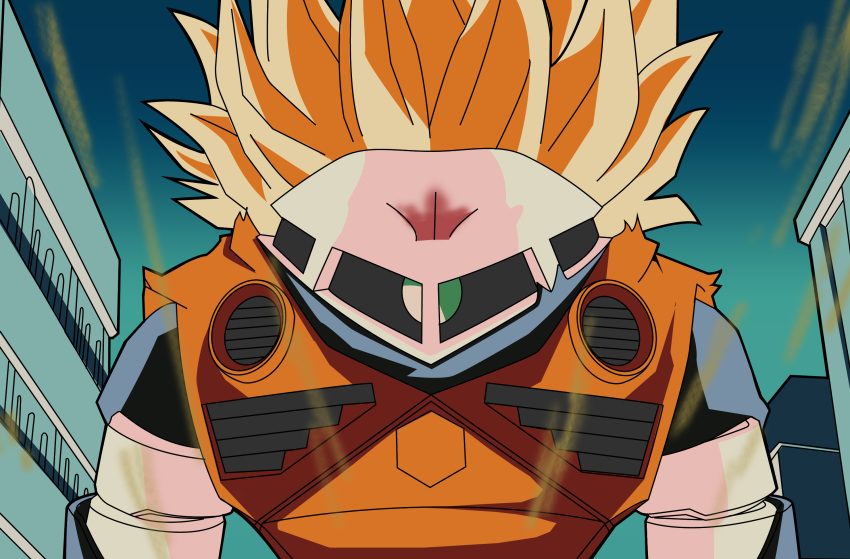 blonde_hair crossover dragon_ball dragon_ball_z fusion gundam highres looking_at_viewer mecha mobile_suit_gundam no_humans one-eyed pun reprilo_channel science_fiction solo son_goku super_saiyan z'gok zeon
