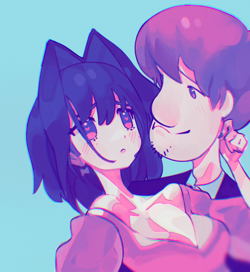 1boy 1girl aqua_background bangs blouse blurry blush chromatic_aberration closed_mouth commentary cookiedusty depth_of_field english_commentary eyebrows_behind_hair facial_hair formal hair_between_eyes hair_intakes hand_up heart heart-shaped_pupils hetero highres hololive hololive_english light_blush lipstick makeup medium_hair messy_hair nail_polish ouro_kronii pink_blouse pink_eyes pink_hair pink_lips purple_eyes purple_hair scooby-doo shaggy_rogers shiny shiny_hair short_hair simple_background smile soft_focus stubble suit symbol-shaped_pupils tareme virtual_youtuber