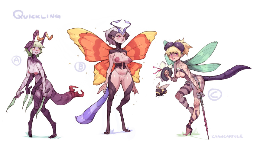 3girls absurdres animal_feet antennae arthropod_girl blonde_hair blush breasts buckler bumblebee_(insect) butterfly_wings closed_mouth colored_skin commentary cyancapsule dagger english_commentary extra_arms green_hair high_heels highres holding holding_dagger holding_shield holding_sword holding_weapon insect_wings knife large_breasts leaning_forward looking_at_viewer medium_breasts monster_girl multiple_girls nipples nude orange_eyes original parted_lips pigeon-toed pink_eyes ponytail purple_eyes purple_skin pussy shield simple_background smile standing standing_on_one_leg sword tail topless uncensored weapon white_background white_hair wings