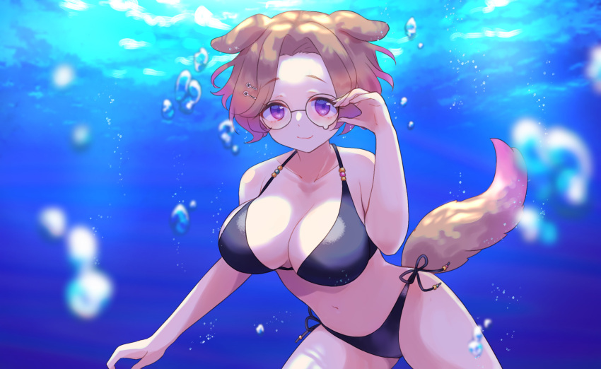 1girl air_bubble animal_ears bangs bare_arms bare_shoulders bikini black-framed_eyewear black_bikini blurry blurry_background blush breasts brown_hair bubble character_name cleavage closed_mouth collarbone day depth_of_field dog_ears dog_girl dog_tail glasses gucchiann hair_ornament hairclip hand_up highres indie_virtual_youtuber kemomimi_refle! komae_nadeshiko looking_at_viewer medium_breasts navel outdoors parted_bangs purple_eyes short_hair side-tie_bikini smile solo swimsuit tail underwater virtual_youtuber water