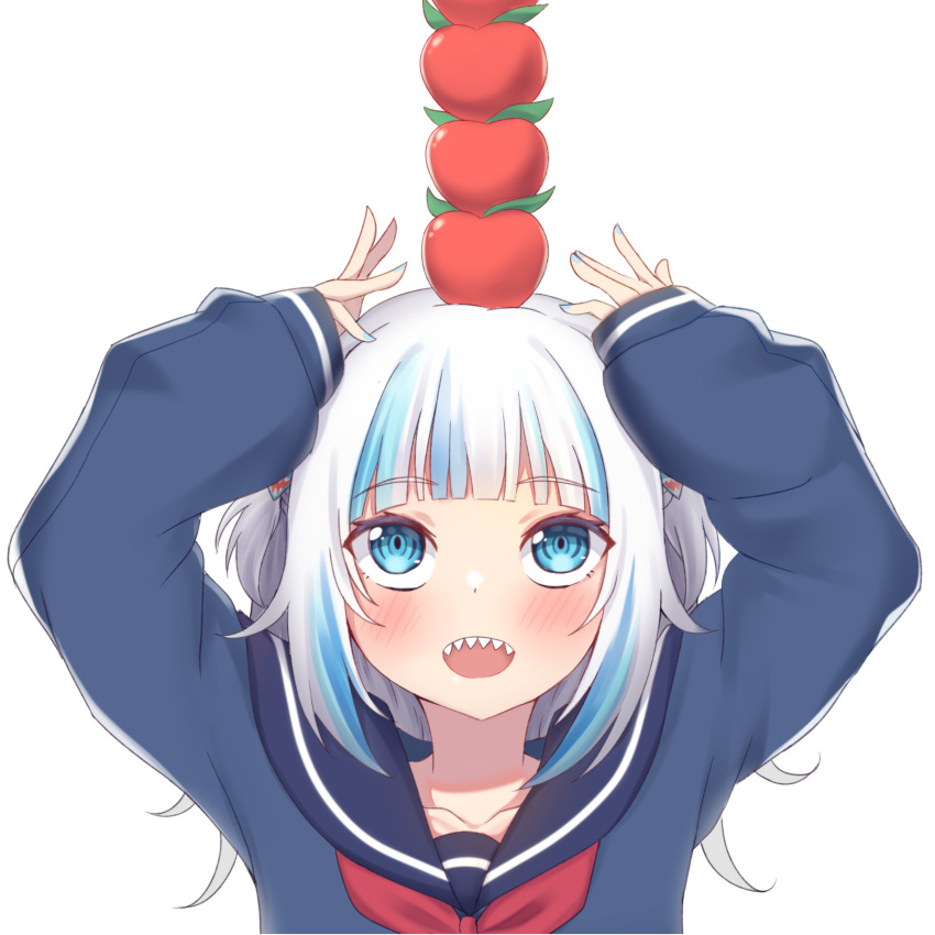 1girl absurdres apple apple_on_head arms_up blue_eyes blue_hair blue_nails blush commentary_request eyebrows_visible_through_hair food fruit gawr_gura highres hololive hololive_english long_sleeves looking_up medium_hair multicolored_hair nail_polish neckerchief open_mouth sailor_collar school_uniform serafuku sharp_teeth simple_background sleeves_past_wrists solo stack streaked_hair teeth two-tone_hair upper_body virtual_youtuber white_background white_hair zeolch