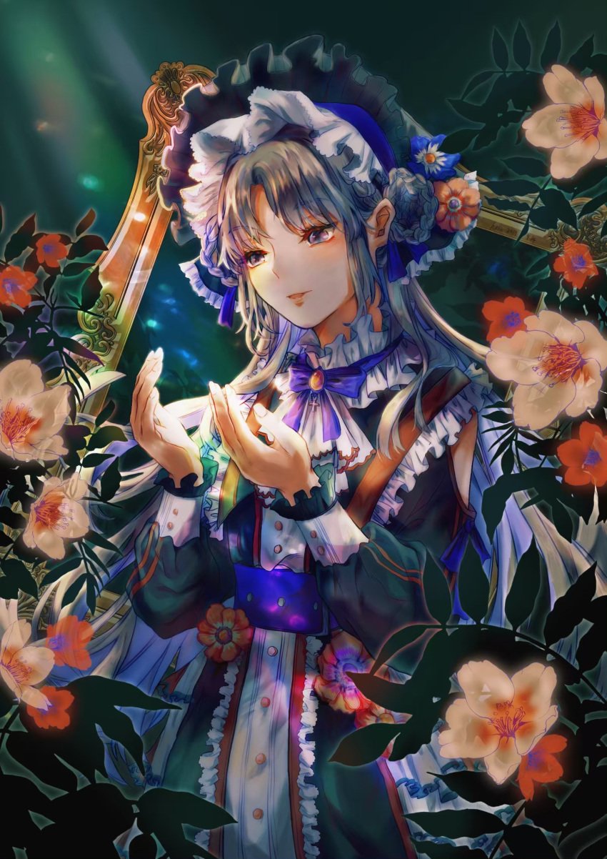 1girl bangs blue_eyes blue_hair bonnet dress eyebrows_visible_through_hair flower frills gradient_hair green_background hesa highres light_rays lolita_fashion long_hair long_sleeves looking_at_hands mirror multicolored_hair open_mouth original parted_bangs plant puffy_sleeves purple_ribbon ribbon smile solo sunbeam sunlight very_long_hair