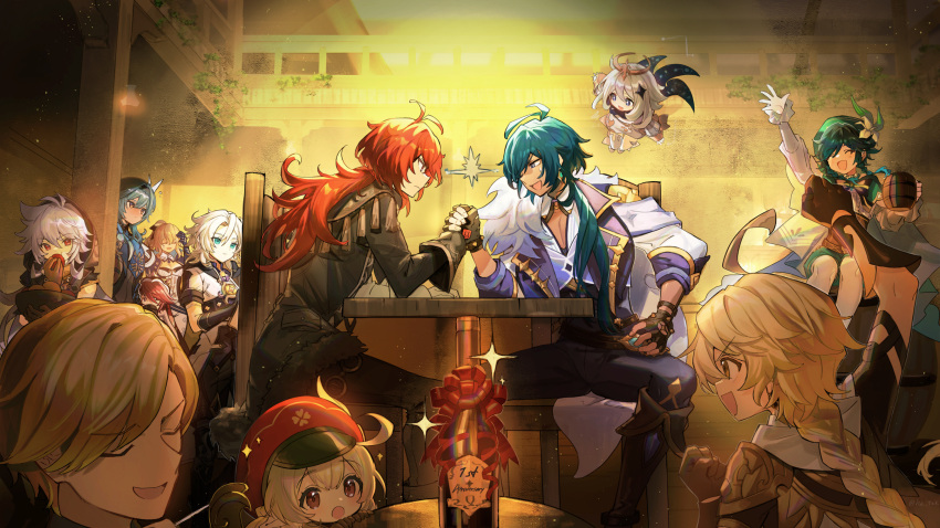 5girls 6+boys :d ^_^ ^o^ aether_(genshin_impact) ahoge albedo_(genshin_impact) arm_wrestling bangs belt blurry bottle bow braid braided_ponytail cabbie_hat character_request closed_eyes clover_print commentary_request depth_of_field diluc_(genshin_impact) eating eula_(genshin_impact) eyebrows_visible_through_hair eyepatch eyes_visible_through_hair floating genshin_impact habit hair_between_eyes hair_bow hair_ribbon hat hayama_eishi highres hood jean_(genshin_impact) kaeya_(genshin_impact) klee_(genshin_impact) light_brown_hair long_hair long_sleeves low_ponytail low_twintails mechanical_halo multiple_boys multiple_girls nun paimon_(genshin_impact) pointy_ears ponytail razor_(genshin_impact) ribbon rosaria_(genshin_impact) short_hair short_sleeves sidelocks single_braid sitting smile sparks tavern twintails venti_(genshin_impact) wine_bottle