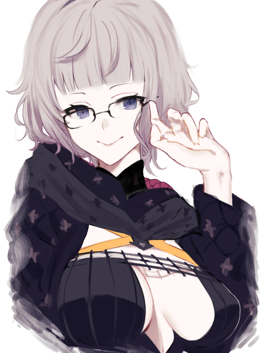 1girl absurdres adjusting_eyewear bangs black-framed_eyewear black_dress black_jacket blunt_bangs breasts chip_le_cree cleavage closed_mouth commentary cropped_jacket dress fate/grand_order fate_(series) glasses grey_hair highres hood hood_down hooded_jacket jacket jacques_de_molay_(foreigner)_(fate) large_breasts lips long_sleeves looking_at_viewer open_clothes open_jacket pale_skin purple_eyes short_hair shrug_(clothing) simple_background smile solo upper_body white_background