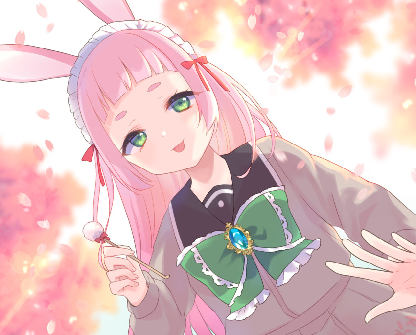 1girl :p animal_ears black_sailor_collar blurry blurry_background bow brooch brown_serafuku brown_shirt brown_skirt closed_mouth commentary_request depth_of_field forehead frilled_bow frills green_bow green_eyes gucchiann highres holding indie_virtual_youtuber jewelry long_hair long_sleeves looking_at_viewer maid_headdress mimikaki petals pink_hair pleated_skirt puffy_long_sleeves puffy_sleeves rabbit_ears sailor_collar sakura_uno school_uniform serafuku shirt skirt smile solo thick_eyebrows tongue tongue_out very_long_hair virtual_youtuber