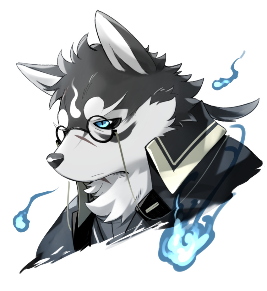 1boy black-framed_eyewear black_sclera blue_eyes blue_fire body_fur closed_mouth colored_sclera cropped_shoulders dog_boy expressionless eyewear_strap fire furry furry_male glasses highres jitome kinoshita_jiroh looking_away male_focus masanori_(housamo) ponytail portrait scar scar_on_face simple_background slit_pupils snout solo tokyo_afterschool_summoners white_background