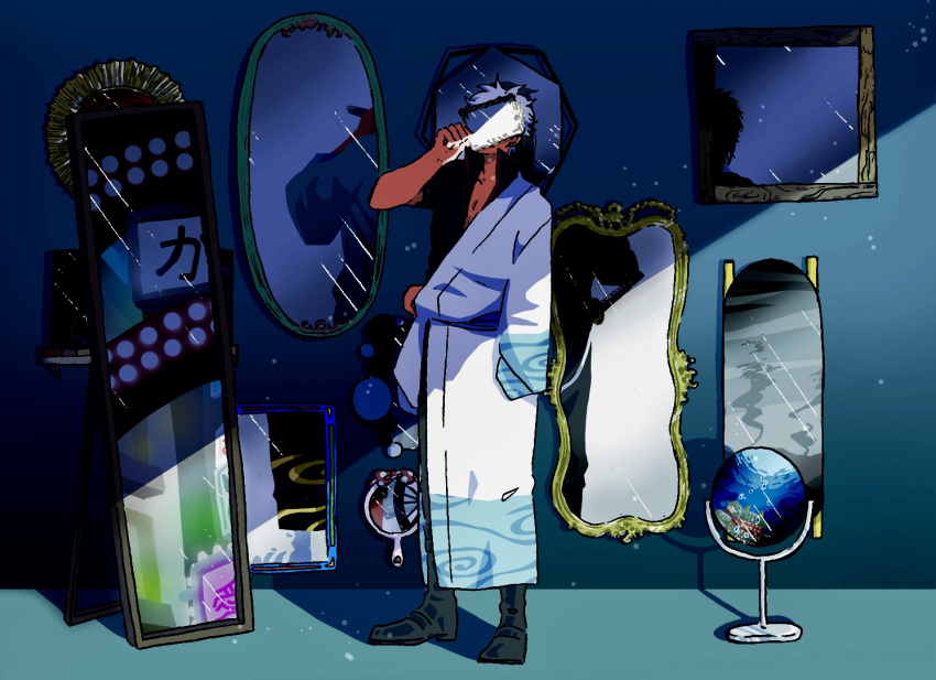 1boy azumi4696 covering_face different_reflection gintama hijikata_toushirou japanese_clothes kimono mirror reflection sakata_gintoki sakata_kintoki_(gintama) shading shadow short_sleeves solo_focus standing