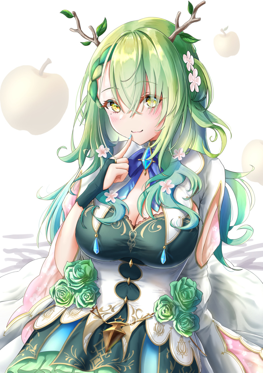 1girl antlers apple bangs blue_bow blue_bowtie blush bow bowtie branch breasts ceres_fauna cleavage dress eyebrows_visible_through_hair finger_to_mouth fingerless_gloves flower food fruit gloves green_dress green_hair green_nails hair_flower hair_ornament highres hololive hololive_english large_breasts leaf long_hair looking_at_viewer numeribito simple_background smile solo virtual_youtuber yellow_eyes