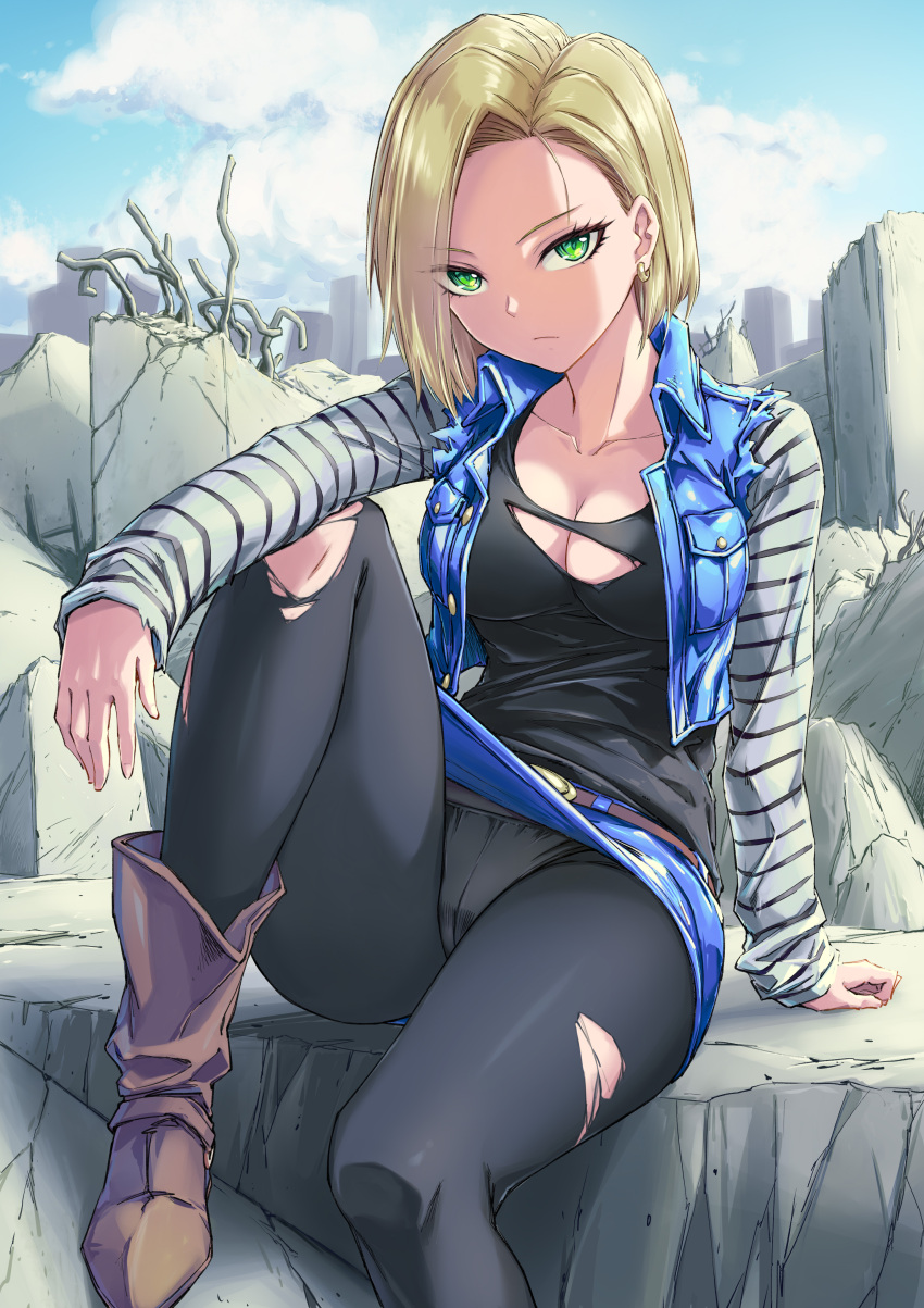 1girl absurdres android_18 blonde_hair blue_eyes breasts cityscape cleavage closed_mouth cloud commentary day denim denim_jacket denim_skirt dragon_ball dragon_ball_z fish.boy highres jacket looking_at_viewer outdoors panties panties_under_pantyhose pantyhose short_hair sitting skirt solo torn_clothes torn_legwear underwear