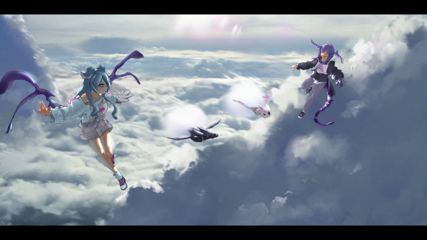 2girls ^_^ absurdres black_sweater blue_eyes blue_hair closed_eyes dragon dragon_girl dragon_tail elira_pendora ember_(selen_tatsuki) english_commentary flying gloves grey_gloves grey_overalls hair_over_one_eye head_wings highres laughing letterboxed low_wings multiple_girls nijisanji nijisanji_en off_shoulder one_eye_covered overall_shorts overalls pants pikl_(elira_pendora) purple_hair purple_pants scenery selen_tatsuki siblings single_glove sisters sweater tail toren_2p2t virtual_youtuber white_sweater wings