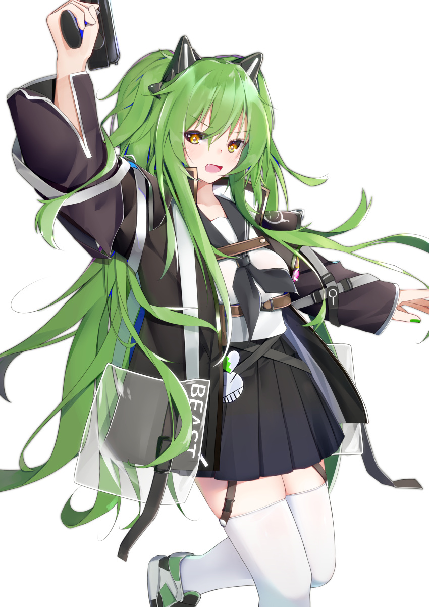 1girl absurdres animal_ears calico_m950 fake_animal_ears girls'_frontline green_hair gun handgun highres holding holding_gun holding_weapon jacket kotoha_(kotoha65) long_hair m950a_(girls'_frontline) mod3_(girls'_frontline) open_mouth pistol school_uniform skindentation solo standing standing_on_one_leg thighhighs very_long_hair weapon white_background white_legwear yellow_eyes