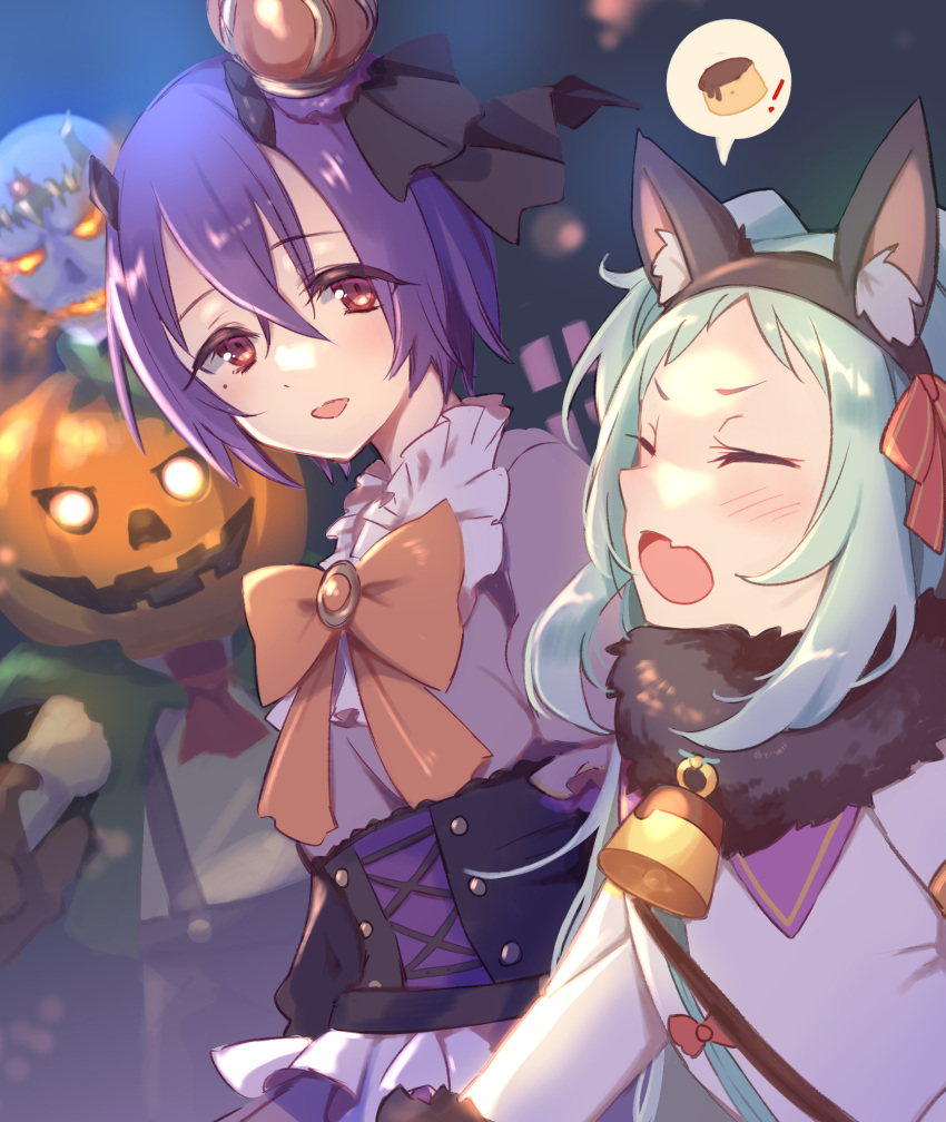 2girls :d animal_ear_fluff animal_ears ascot bangs bell black_hairband black_skirt blue_hair blush bow broken_horn brown_bow closed_eyes commentary_request crown eyebrows_visible_through_hair fake_animal_ears fang flaming_eyes food forehead fur_collar glowing glowing_eyes grey_shirt gucchiann hair_between_eyes hairband halloween highres horns jack-o'-lantern jacket mini_crown miyako_(princess_connect!) multiple_girls princess_connect! pudding puffy_short_sleeves puffy_sleeves purple_hair red_ascot red_eyes shinobu_(princess_connect!) shirt short_hair short_sleeves skirt skull smile spoken_food suspender_skirt suspenders tilted_headwear two_side_up v-shaped_eyebrows white_jacket white_shirt