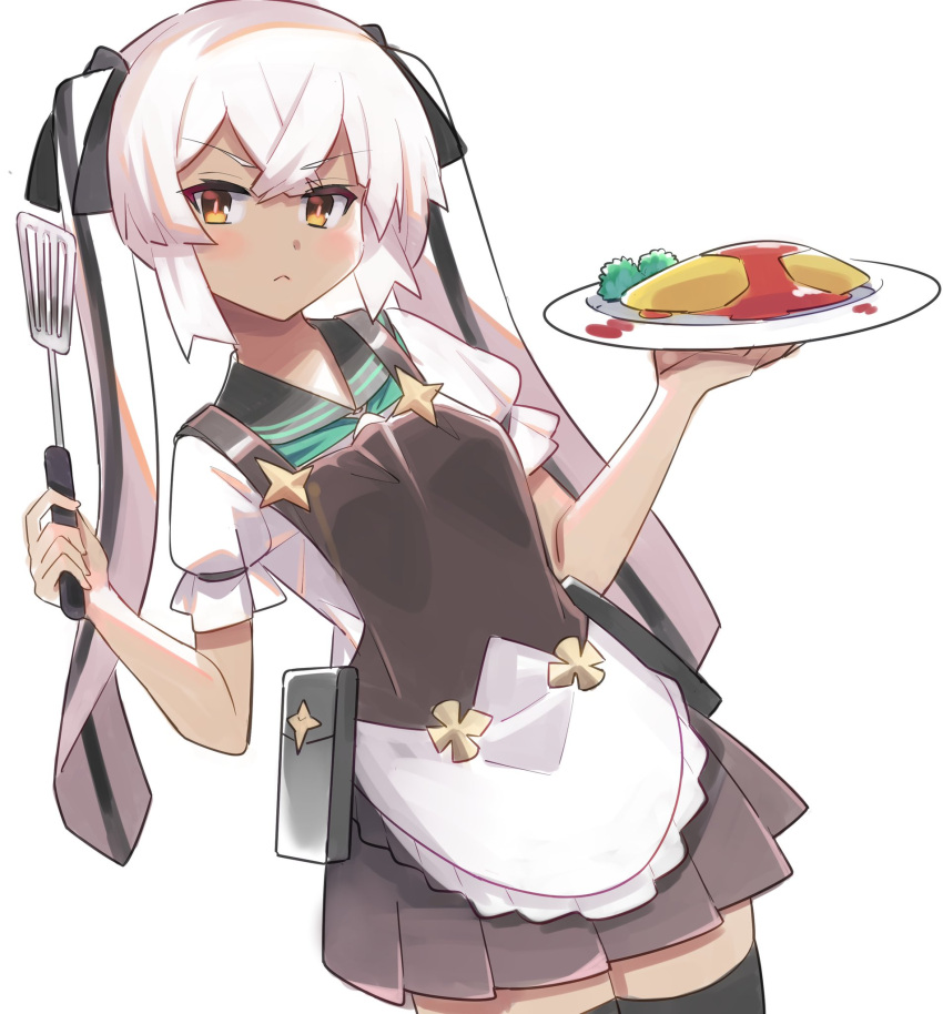 1girl :&lt; alternate_costume apron bangs black_hair black_legwear black_ribbon black_skirt blush breasts brown_vest closed_mouth commentary_request cowboy_shot crossed_bangs dark-skinned_female dark_skin dutch_angle eyebrows_visible_through_hair food green_neckerchief hair_ribbon hands_up highres holding holding_food holding_plate holding_spatula jpeg_artifacts ketchup komuro_takahiro light_blush long_hair looking_at_viewer marianne_(world_flipper) miniskirt multicolored_hair neckerchief omelet orange_eyes plate pleated_skirt pouch puffy_short_sleeves puffy_sleeves ribbon school_uniform shirt short_sleeves sidelocks skirt small_breasts solo spatula standing streaked_hair thighhighs tied_hair twintails two-tone_hair v-shaped_eyebrows vest waist_apron white_apron white_hair white_shirt world_flipper zettai_ryouiki