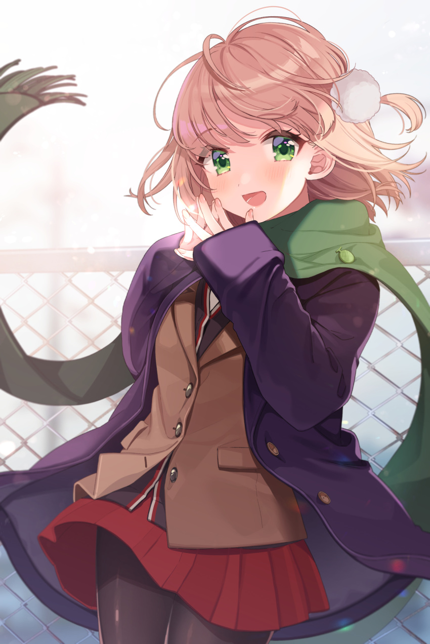 1girl :d black_legwear black_shirt blush brown_jacket chain-link_fence coat commentary_request cowboy_shot fence fingers_together green_eyes green_scarf hair_ornament highres indie_virtual_youtuber jacket light_brown_hair long_sleeves looking_at_viewer open_clothes open_coat open_mouth pantyhose pleated_skirt pom_pom_(clothes) pom_pom_hair_ornament purple_coat red_skirt scarf school_uniform shigure_ui shigure_ui_(vtuber) shirt skirt sleeves_past_wrists smile solo steepled_fingers virtual_youtuber