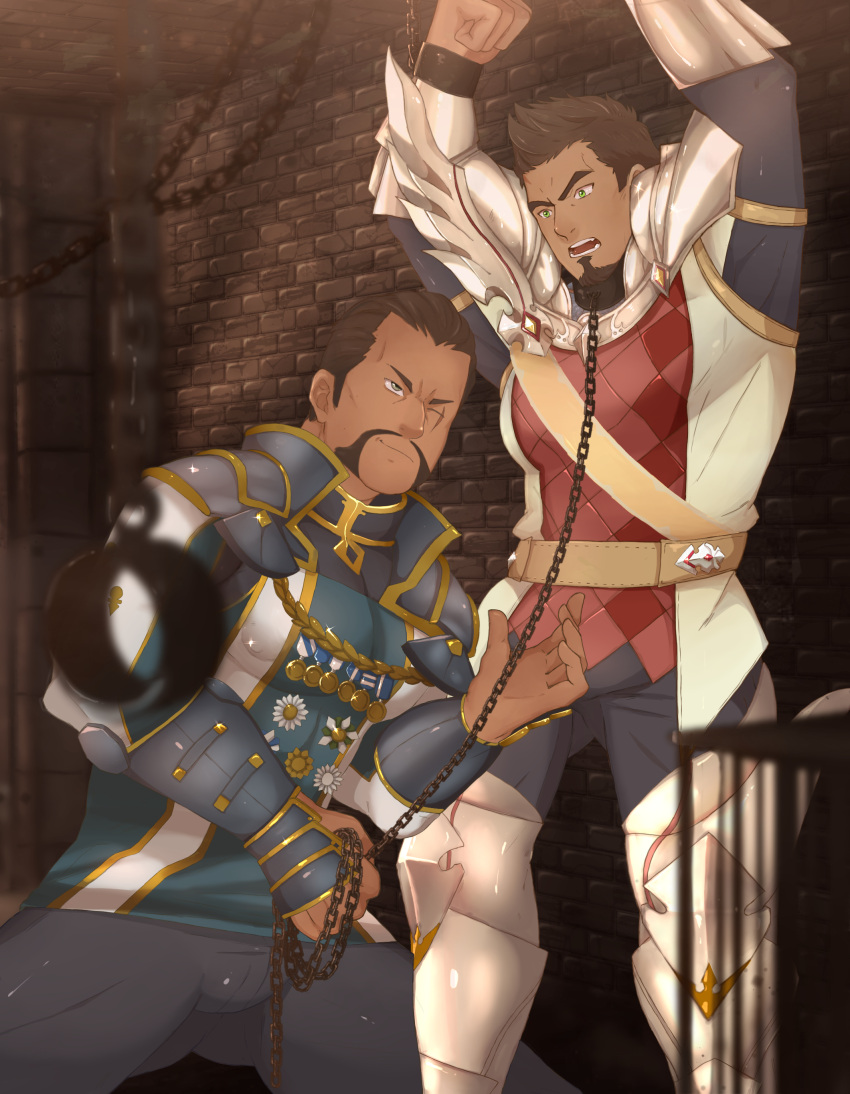 2boys absurdres arms_up bara bound bound_wrists brown_hair bulge chain chained collar commission covered_nipples cuffs dark-skinned_male dark_skin facial_hair feet_out_of_frame goatee hair_slicked_back handcuffs highres landon_(tales_of_zestiria) looking_at_another male_focus mature_male metal_collar multiple_boys muscular muscular_male pectorals rapbitan scar scar_across_eye sergei_strelka short_hair sideburns spiked_hair tales_of_(series) tales_of_zestiria yaoi