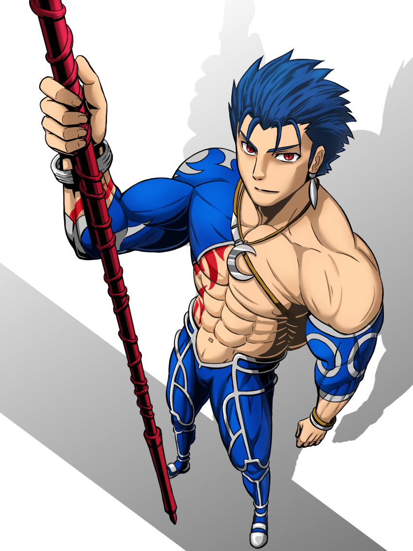 1boy abs absurdres biceps blue_hair blue_pants bodypaint bracelet bulge chest_strap closed_mouth collarbone crescent_necklace cu_chulainn_(fate) cu_chulainn_(fate/stay_night) detached_sleeves earrings fate/grand_order fate/stay_night fate_(series) foreshortening from_above full_body gae_bolg_(fate) grin highres holding holding_polearm holding_weapon jewelry kamata_(etoileazuki) looking_at_viewer looking_up male_focus muscular muscular_male navel nipples pants pectorals polearm red_eyes short_hair simple_background skin_tight smile solo spiked_hair standing weapon white_background